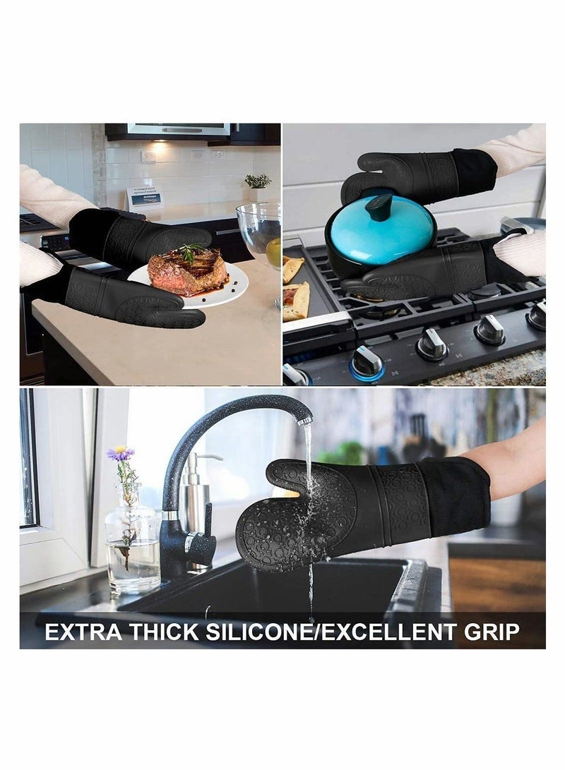 Silicone Oven Mitts and Pot Holders Set, Heat Resistant Mittens with Mini Gloves Hot Pads, for Kitchen Baking Cooking, Quilted Liner, Black,Pack of 6 - Image 4